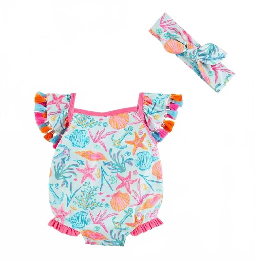 NEW MUDPIE girls sea swimsuit and headband set in multicolor